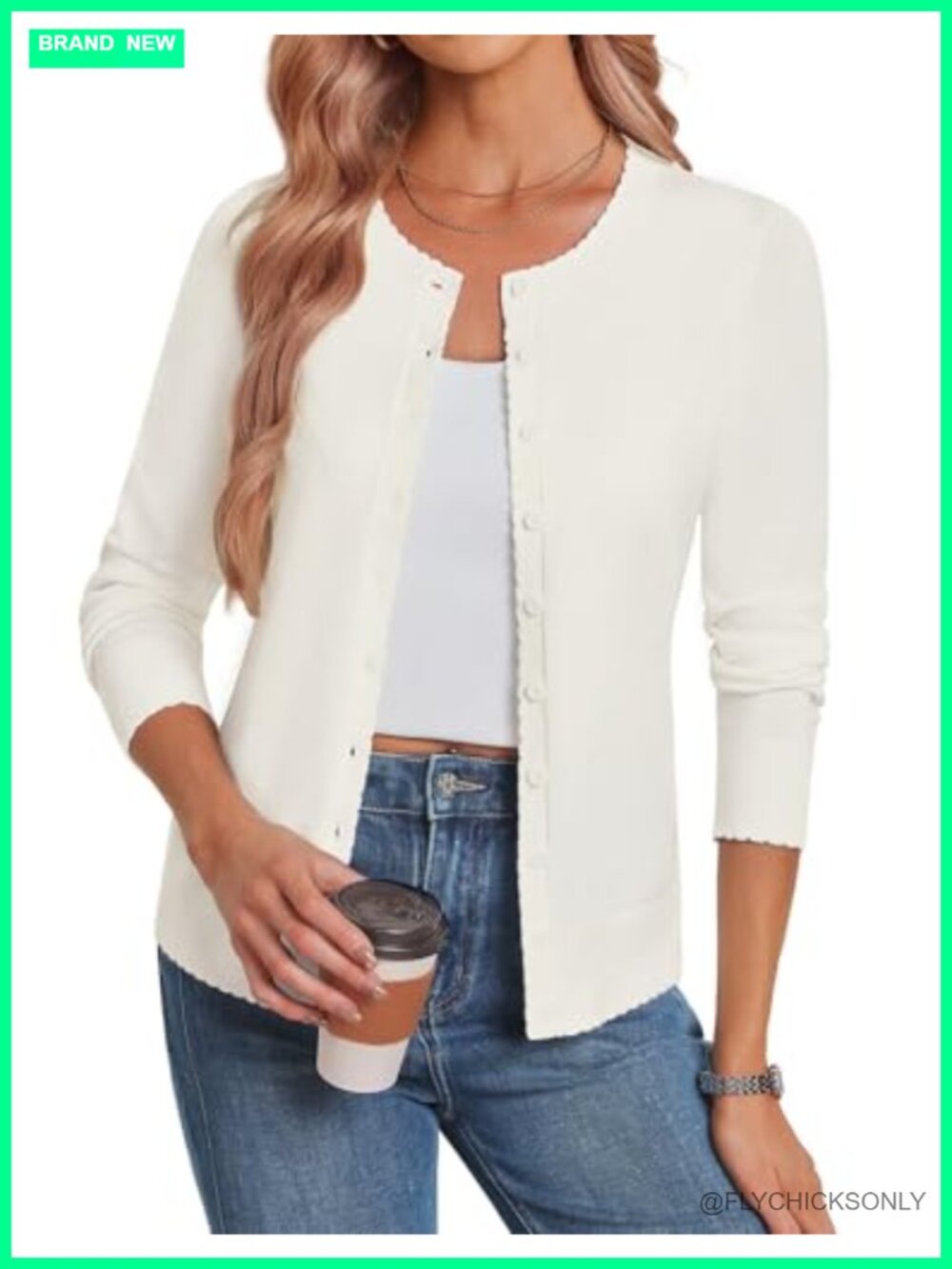 Women Lightweight Scalloped Knit Cardigan Sweater Long Sleeve Button Down